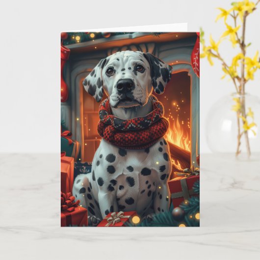 Dalmatische hond met kerstcadeaus open haard kaart (Gele Bloem)