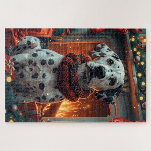 Dalmatische hond met kerstcadeaus open haard legpuzzel (Horizontaal)
