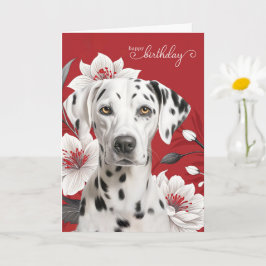 Dalmatische hond met witte lelies op rode verjaard kaart