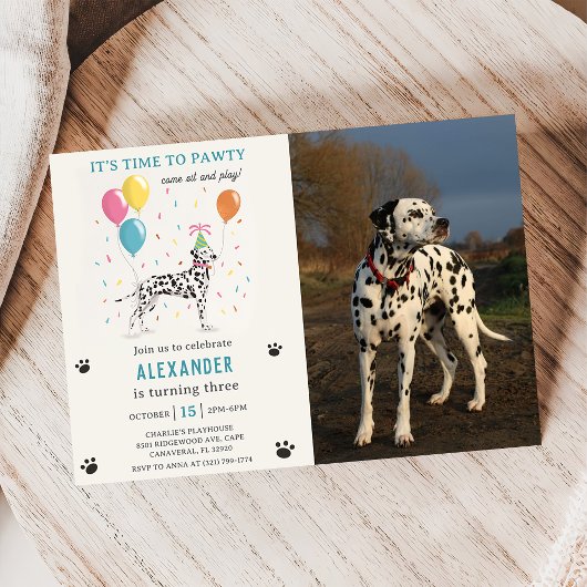 Dalmatische Hond Pawty Puppy Verjaardagsfeestfoto Kaart