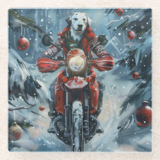 Dalmatische Hond Rijden Motorfiets Kerstmis Glazen Onderzetter (Voorkant)