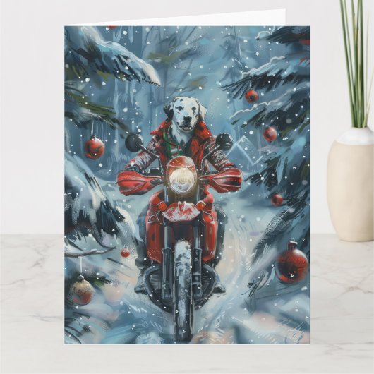 Dalmatische Hond Rijden Motorfiets Kerstmis Kaart (Voorkant)