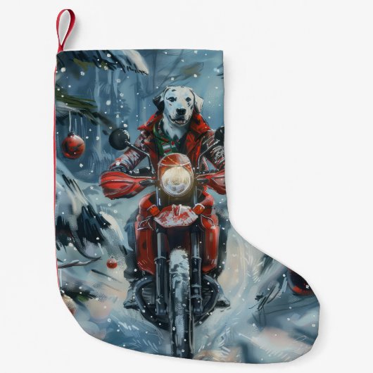 Dalmatische Hond Rijden Motorfiets Kerstmis Kleine Kerstsok (Voorkant)
