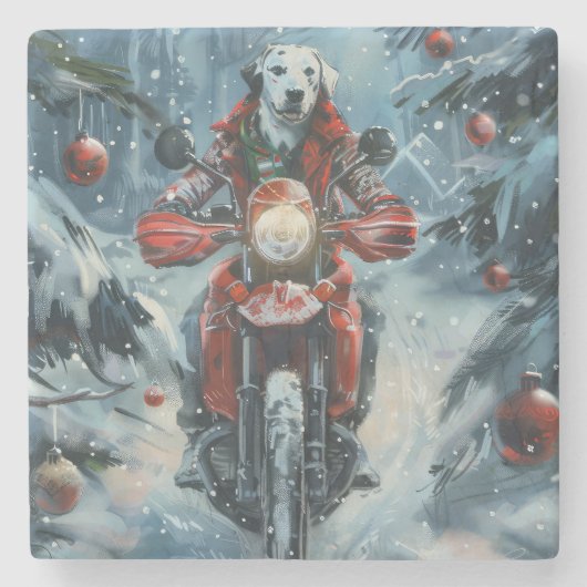 Dalmatische Hond Rijden Motorfiets Kerstmis Stenen Onderzetter (Voorkant)