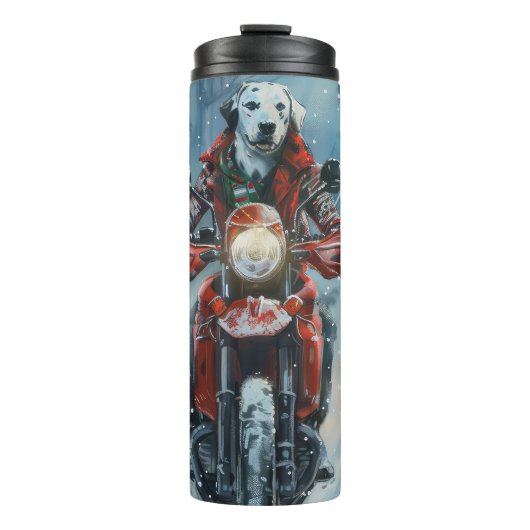 Dalmatische Hond Rijden Motorfiets Kerstmis Thermosbeker (Voorkant)
