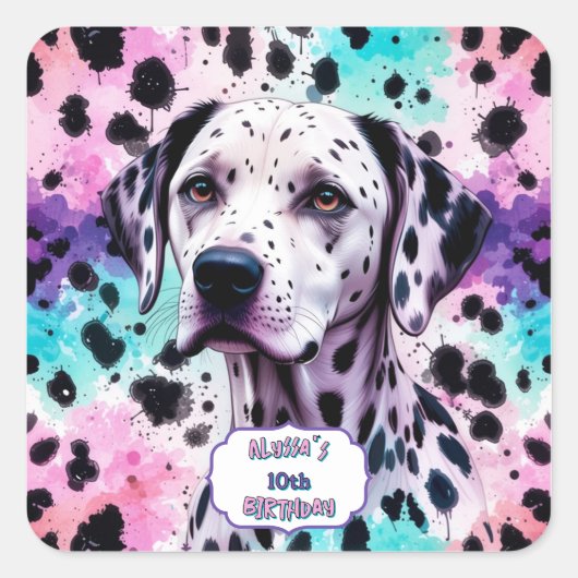 Dalmatische Hond Roze Paarse Turquoise Verjaardag Vierkante Sticker (Voorkant)