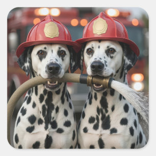 Dalmatische honden die een brandslang vasthouden vierkante sticker