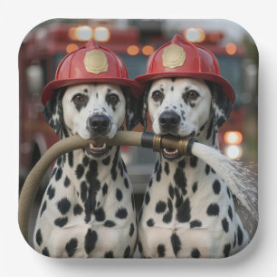 Dalmatische honden die een brandweer slang vasthou papieren bordje