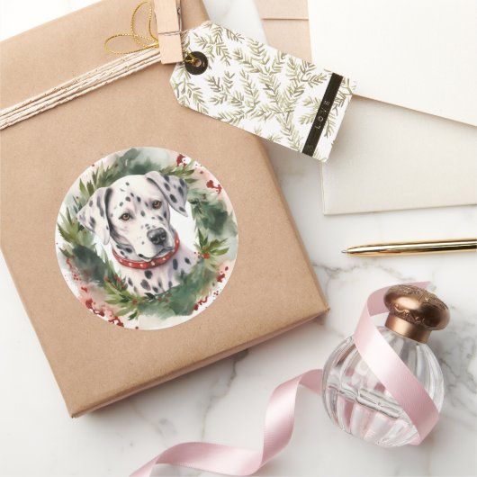 Dalmatische Kerstkrans Feestelijke Pup Ronde Sticker (Geschenken)