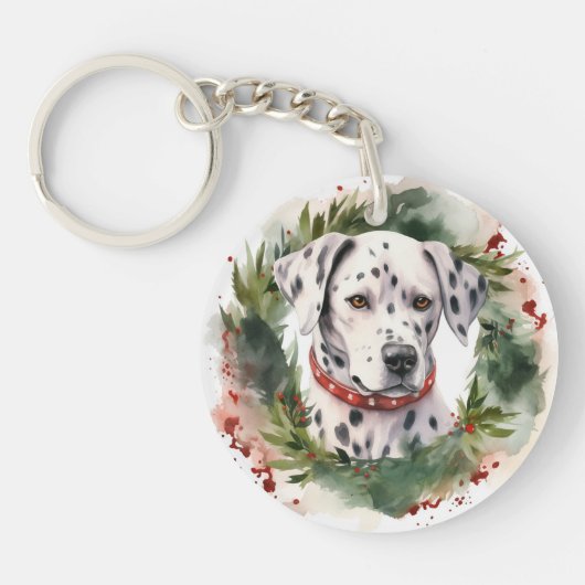 Dalmatische Kerstkrans Feestelijke Pup Sleutelhanger (Voorkant)