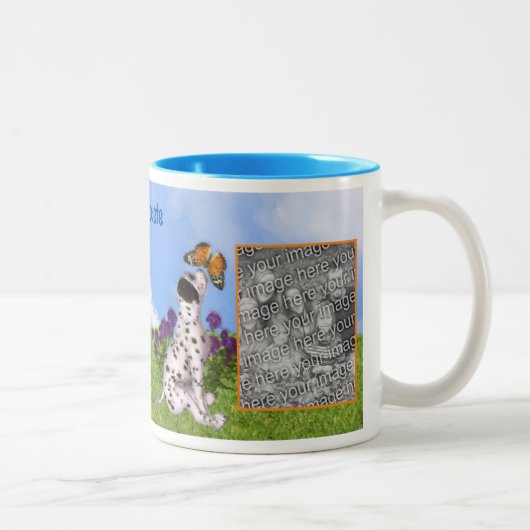 Dalmatische Puppy Vlinder Schilderij Voeg je foto  Tweekleurige Koffiemok (Rechts)