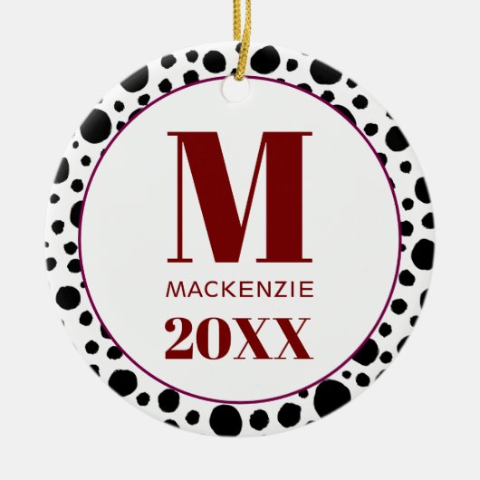 Dalmatische Spot Monogram Naam Jaar Rood en Wit Keramisch Ornament (Voorkant)