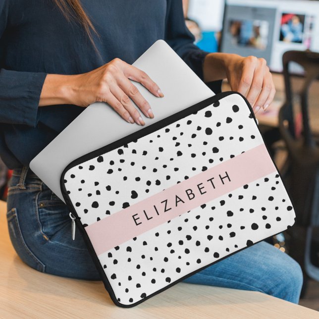 Dalmatische Stippen, Vlekken, Zwart-wit, Jouw naam Laptop Sleeve (Creator heeft geüpload)