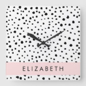Dalmatische Stippen, Vlekken, Zwart-wit, Jouw naam Vierkante Klok (Voorkant)