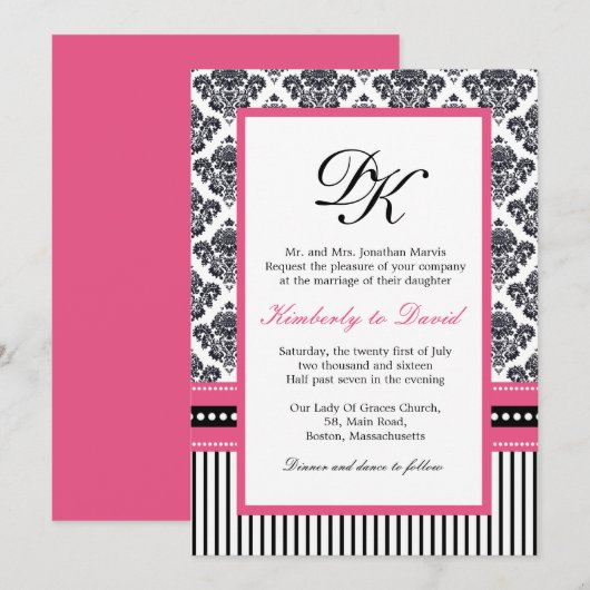 Damasbanden en -Stippen, zwart en roze Kaart (Voorkant / Achterkant)