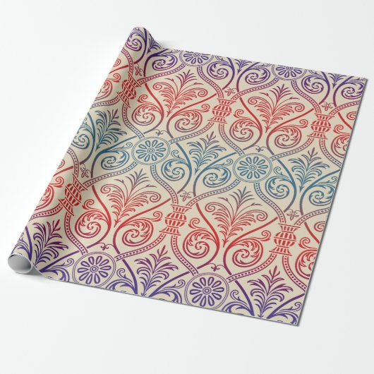  Damasbehangsel - blauw violet rood Cadeaupapier (Uitgerold)