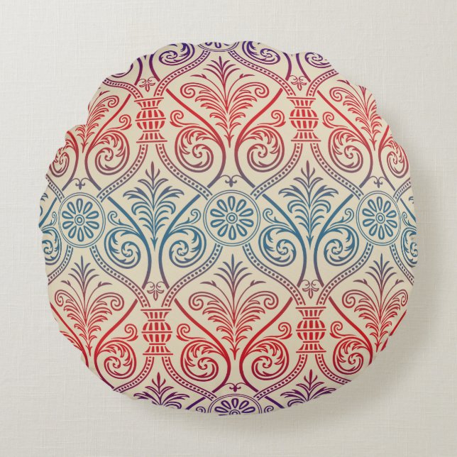  Damasbehangsel - blauw violet rood Rond Kussen (Voorkant)