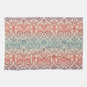 Damasbehangsel - blauw violet rood Theedoek