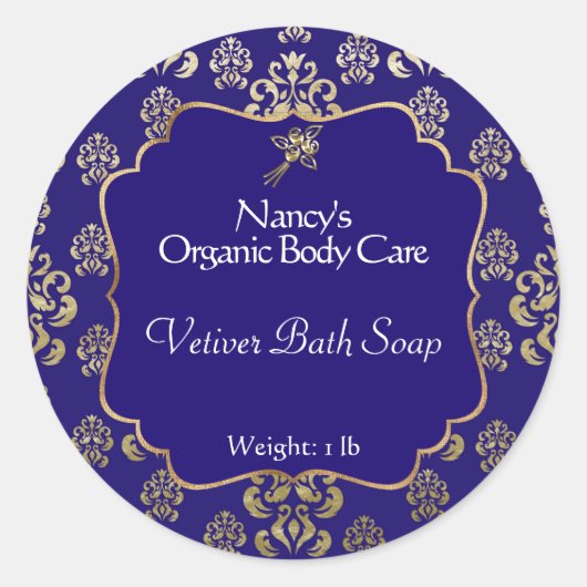 Damasblauw en goudkleurig folie, etiket (Voorkant)