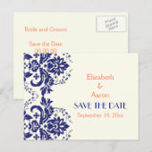 Damasblauw, koraalbruiloft Save the Date Aankondigingskaart (Voorkant / Achterkant)