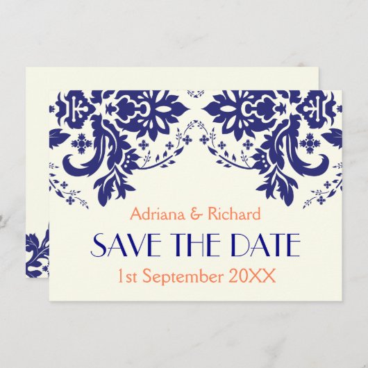 Damasblauw, koraalbruiloft Save the Date Kaart (Voorkant / Achterkant)