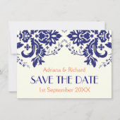 Damasblauw, koraalbruiloft Save the Date Kaart (Voorkant)