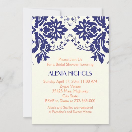 Damasblauw, koraalbruiloft vrijgezellenfeest kaart (Voorkant)