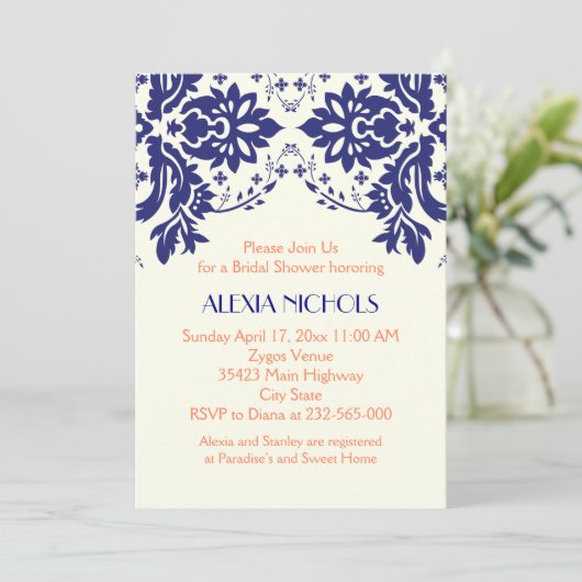 Damasblauw, koraalbruiloft vrijgezellenfeest kaart (Staand voorkant)