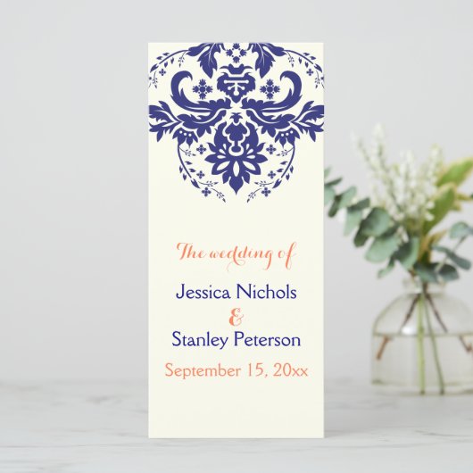 Damasblauw, koraalivoortrouwprogramma programmakaart (Staand voorkant)