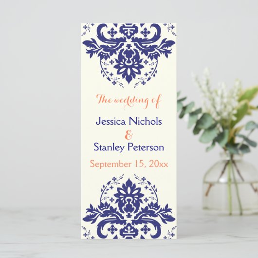 Damasblauw, koraalivoortrouwprogramma programmakaart (Staand voorkant)