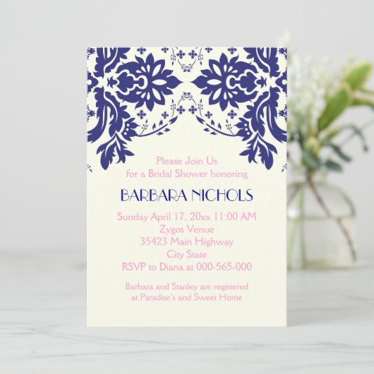 Damasblauw, roze bruiloft vrijgezellenfeest kaart (Staand voorkant)