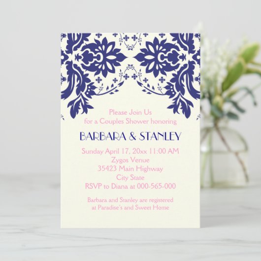 Damasblauw, roze trouwparen douchen kaart (Staand voorkant)