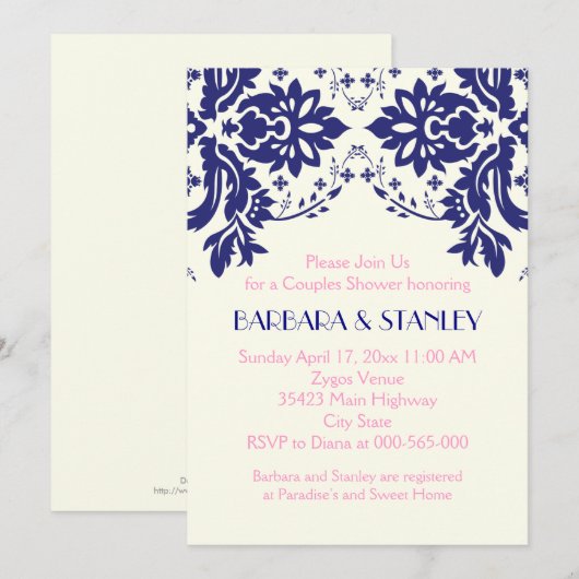 Damasblauw, roze trouwparen douchen kaart (Voorkant / Achterkant)