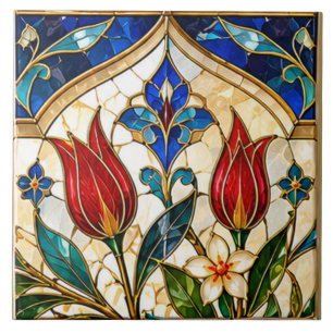 Damascus & Ottomaanse Rode Tulp Glas-in-Lood Tegeltje