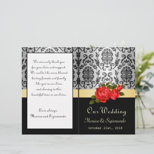 Damasdonkerzwart, grijs, rode rozen Wedding Progra (Staand voorkant)
