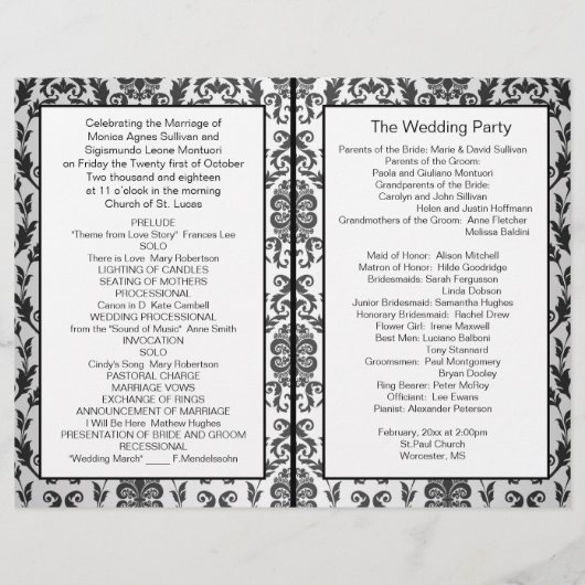 Damasdonkerzwart, grijs, rode rozen Wedding Progra (Achterkant)