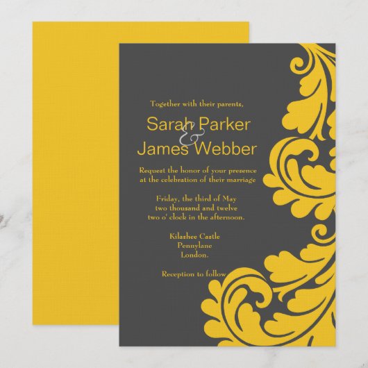 Damasgrijs en gele moderne huwelijksuitnodigingen kaart (Voorkant / Achterkant)