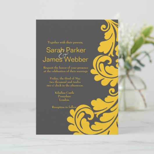 Damasgrijs en gele moderne huwelijksuitnodigingen kaart (Staand voorkant)