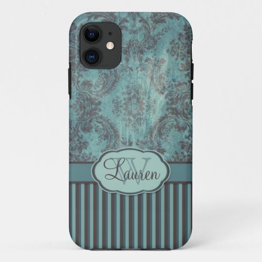 damasje blauwgroen bruin Monogram Case-Mate iPhone Case (Achterkant)
