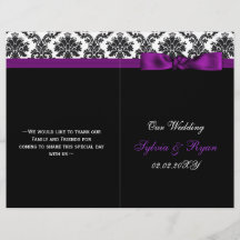 damasje, paars lintboek vouwprogramma bruiloft