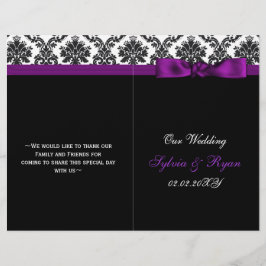 damasje, paars lintboek vouwprogramma bruiloft