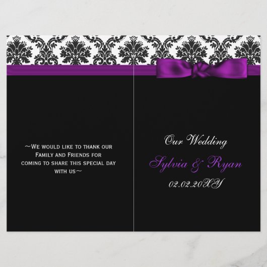 damasje, paars lintboek vouwprogramma bruiloft (Voorkant)
