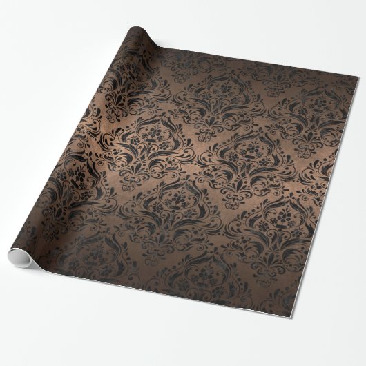 DAMASK1 ZWARTE MARBLE & BRONZE METAL (R) CADEAUPAPIER (Uitgerold)