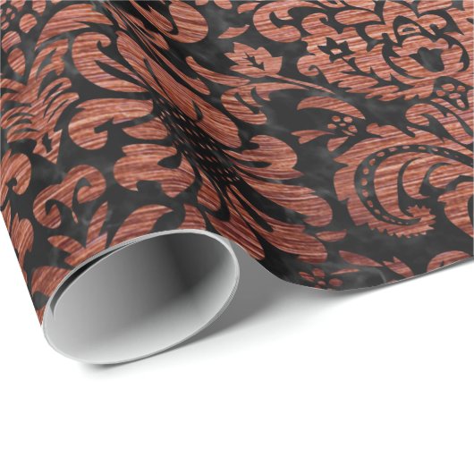 DAMASK2 ZWARTE MARBLE & KOPER BRUSHED METAL CADEAUPAPIER (Rol Hoek)