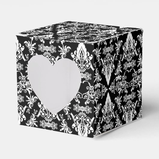 Damask 02 Black-White-Square Heart Favor boxes Bedankdoosjes (Voorkant Zijde)