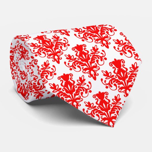 Damask 02 Patroon - Rood op wit Stropdas (Opgerold)