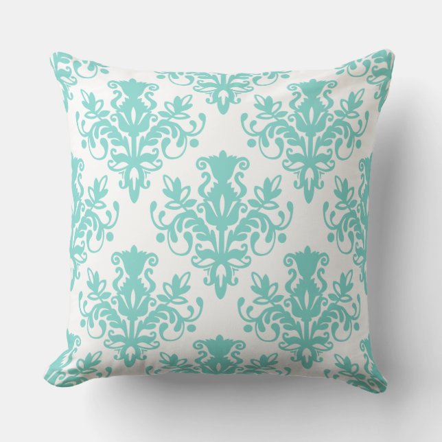 Damask 02 Pattern - Aqua Blue op White Kussen (Voorkant)