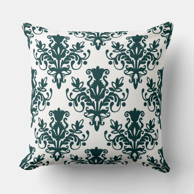 Damask 02 Pattern - Dark Moss Green on White Kussen (Voorkant)