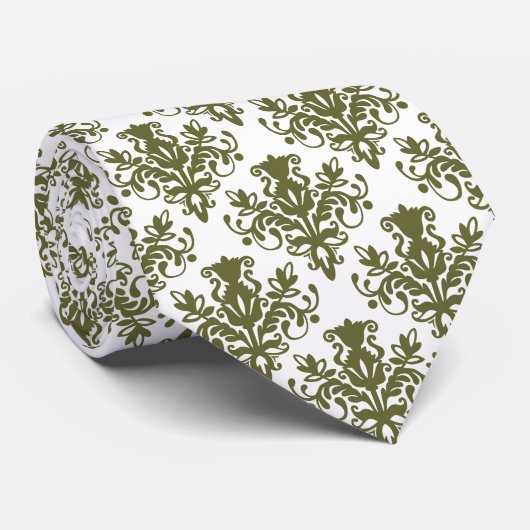 Damask 02 Pattern - Deep Olive on White Stropdas (Opgerold)