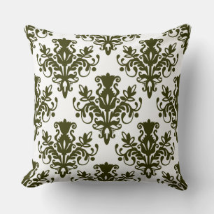 Damask 02 Pattern - Donkere Olijf op White Kussen